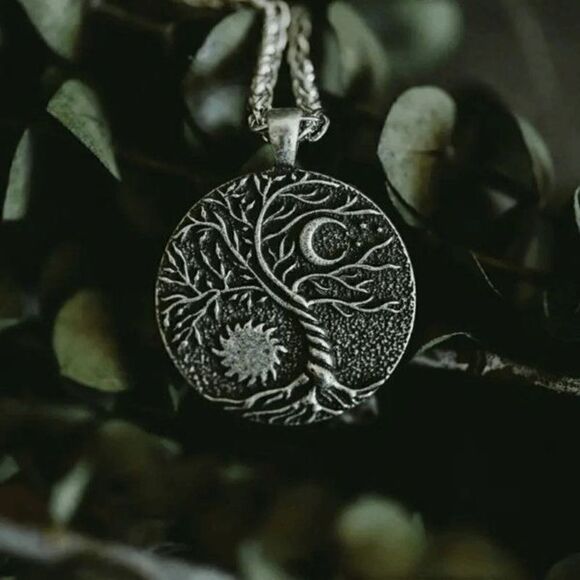 STAINLESS STEEL TREE OF LIFE SUN AND MOON UNISEX PENDANT NECKLACE - Picture 3 of 5